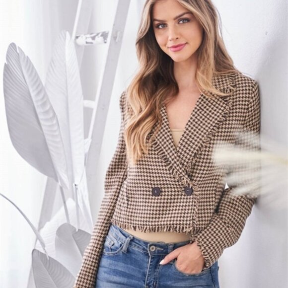 Womens work chic houndstooth plaid print fringe de - Picture 7 of 7